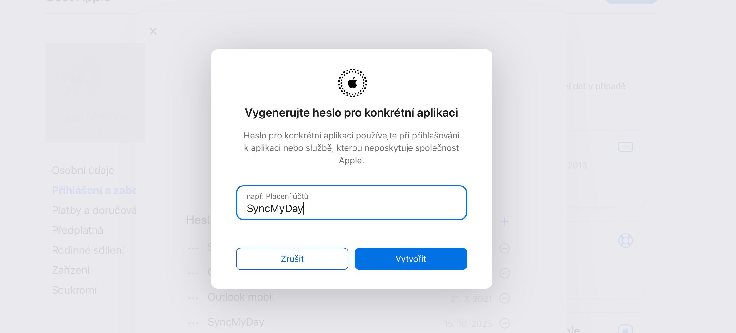 Dialog for entering app-specific password name