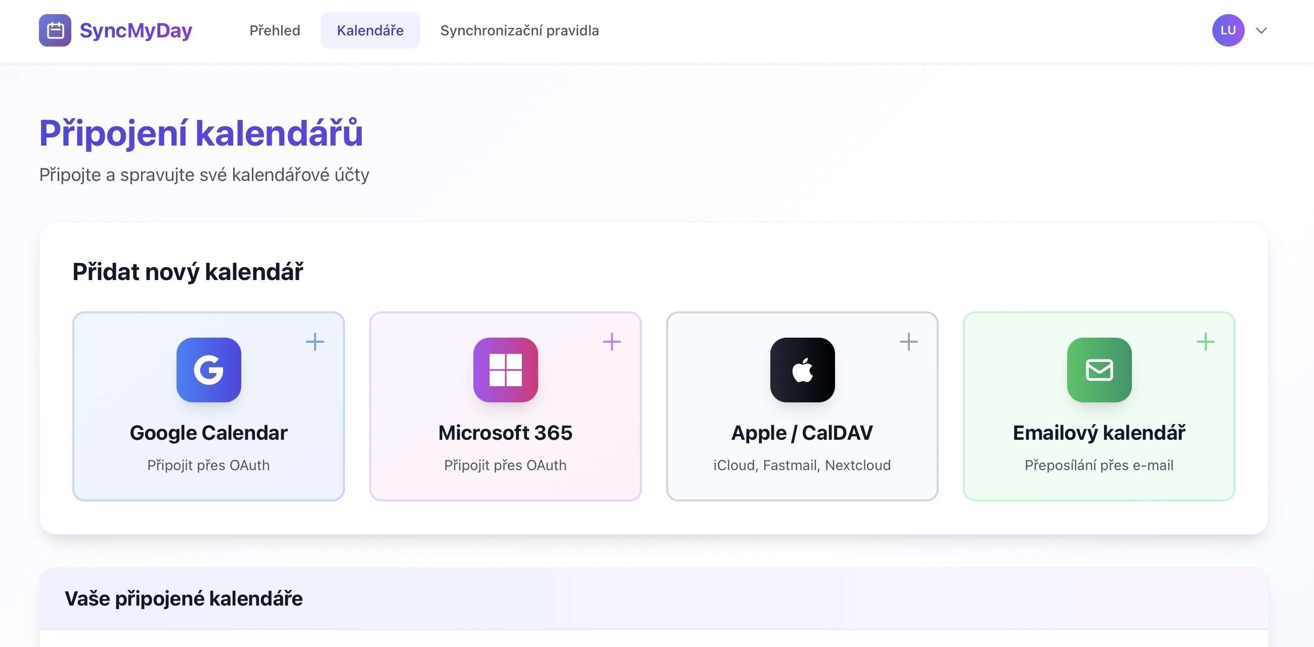 Calendar Connections page showing all available connection options