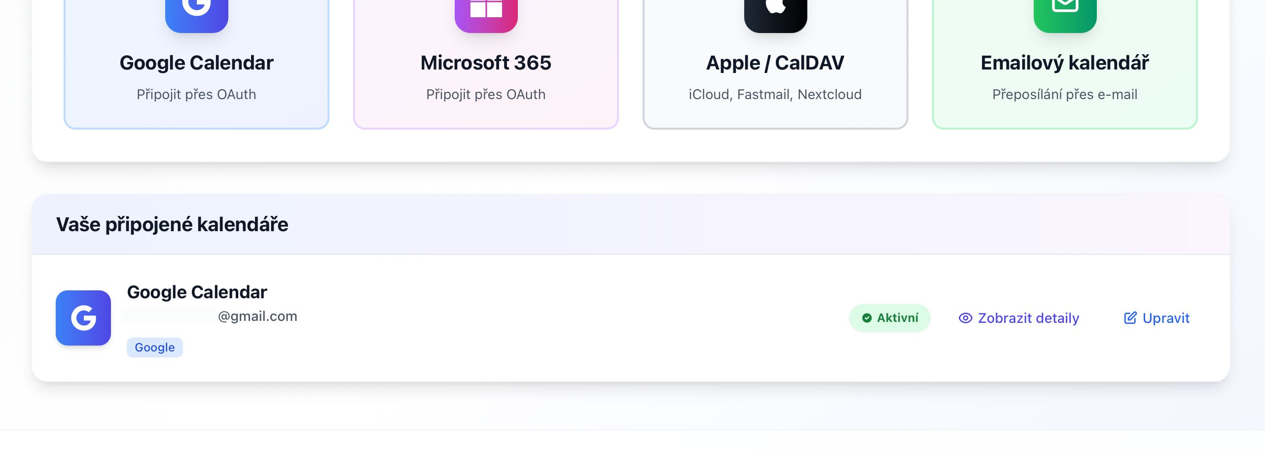 Connected calendars list with Google Calendar showing Active status